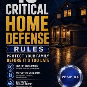 May include: A dark blue graphic with the words "10 Critical Home Defense Rules" in large white and yellow text. The image includes a house illustration and the Zembira logo, with text about home security and instant download.
