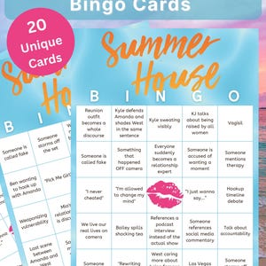 May include: Bingo cards with a Summer House theme, featuring a pink circle with "20 Unique Cards" and the show's logo in orange. The cards have various phrases and are labeled with the words "BINGO". The phrase "Instant Download!" is at the bottom.