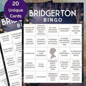 May include: Bridgerton Bingo cards with 20 unique cards. The bingo cards feature phrases and themes from the popular show, such as "A dramatic staircase entrance" and "A love triangle." The words "Bridgerton Bingo" are at the top of the card.