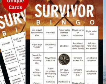 May include: Survivor Bingo Cards with 20 unique cards. The bingo cards feature phrases like "Idol played for someone else" and "Someone catches a fish." The words "Survivor Bingo" are at the top. The phrase "Instant Download!" is at the bottom.