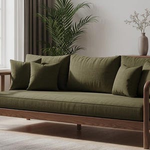 Sofá Japandi de madera maciza – Sofá cama de estilo moderno de mediados de siglo, diván minimalista con estructura de roble y cojines de lino.