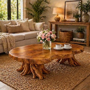 Live Edge Teak Root Coffee Table, Large Natural Wood Slab, Organic Base Home Decor