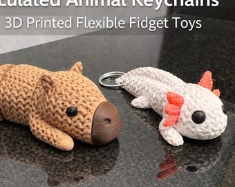Articulated Animal Keychains – 3D Printed Flexible Fidget Toys – Capybara, Axolotl