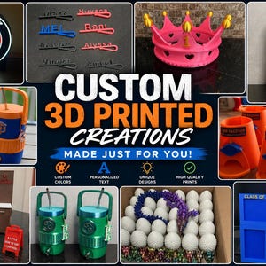 May include: A collage of custom 3D printed items including a New York Jets light, personalized hair clips, a pink crown, blue and orange beverage coolers, orange dispensers, a miniature barber chair, green coolers, golf balls, and a blue photo frame.