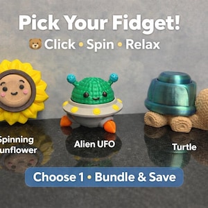May include: Image features three fidget toys: a yellow spinning sunflower, an alien in a UFO, and a turtle. The sunflower has a smiling face. The alien is green with blue antennae. The turtle has a blue-green shell. Text reads "Pick Your Fidget!"