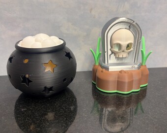 Halloween LED Tea Light Holder | Witch Cauldron, Skull Tombstone or Spooky Duo Set