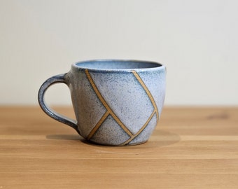 Handmade Pottery | Ceramic Coffee Mug | Light Blue | Blue Mug | Diagonal Stripes