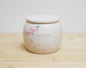 Handpainted Cherry Blossom Pet Urn – Personalized Ceramic Cremation Jar Dog Cat Ashes, Handthrown Keepsake
