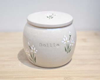 Custom Pet Urn: Personalised Ceramic Memorial with White Lily, keepsake for Dogs Cats ashes