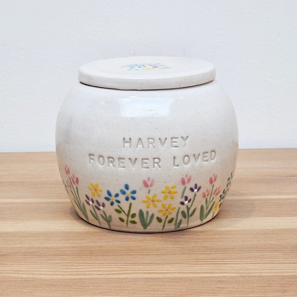 Handmade Pet Urn | Garden Blossoms | Ceramic Urn | For Ashes | Personalized Pet Urn | Custom Urn | Tulips | Daisies | Forget Me Not Flowers
