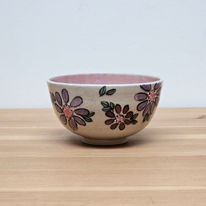 handmade ceramic bowl, pottery bowl, plum color, floral pattern, hand-painted, artisan bowl, dining decor, home accents,purple, pink, handmade pottery, japanese style
