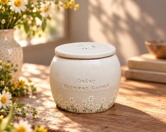 Personalized Daisies Ceramic Urn: Custom Cremation Jar for Ashes, Pet Loss Memorial Keepsake Gift