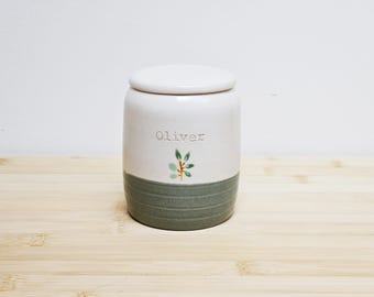 Custom Ceramic Pet Urn: Personalised Cylinder Green Jar with Olive Branch, Pet Loss Gift