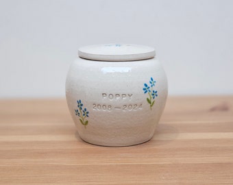 Handmade Pottery Pet Urn | Forget Me Not Flowers | Ceramic Pet Urn | Urn for Pet Ashes | Personalized Pet Urn | Custom Urn | White Urn