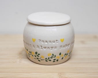 Custom Ceramic Urn for Ashes: Hand Thrown Pottery Keepsake with Peanut Flowers, cremation memorial
