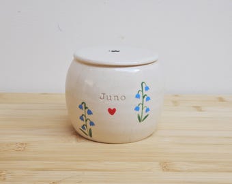 Handmade Ceramic Pet Urn: Bluebell Garden Design, Personalized Memorial