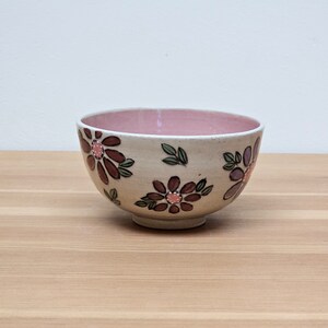 handmade ceramic bowl, pottery bowl, plum color, floral pattern, hand-painted, artisan bowl, dining decor, home accents,purple, pink, handmade pottery, japanese style