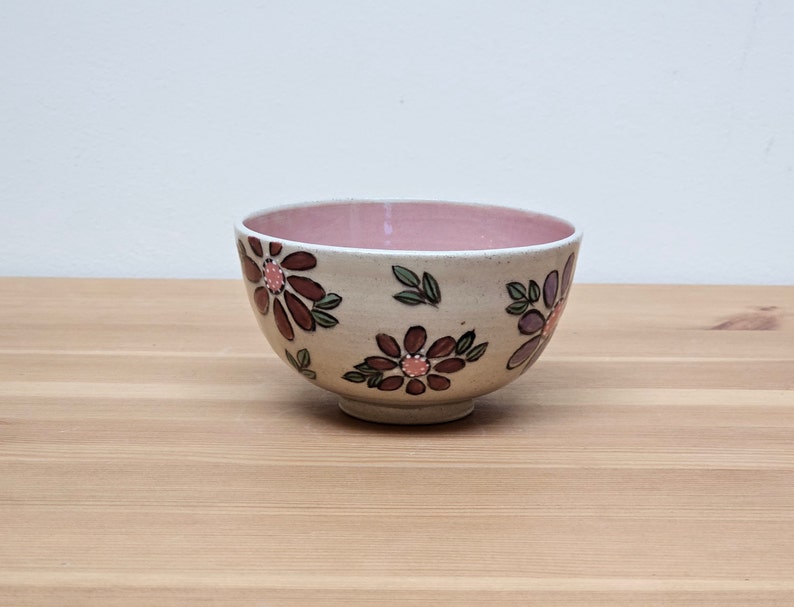 handmade ceramic bowl, pottery bowl, plum color, floral pattern, hand-painted, artisan bowl, dining decor, home accents,purple, pink, handmade pottery, japanese style