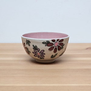 handmade ceramic bowl, pottery bowl, plum color, floral pattern, hand-painted, artisan bowl, dining decor, home accents,purple, pink, handmade pottery, japanese style