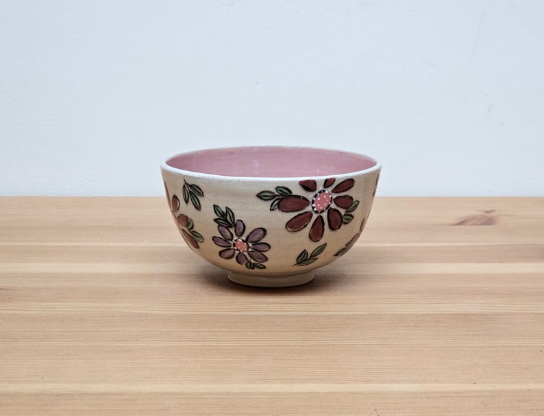 handmade ceramic bowl, pottery bowl, plum color, floral pattern, hand-painted, artisan bowl, dining decor, home accents,purple, pink, handmade pottery, japanese style