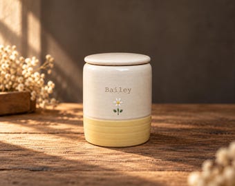Custom Ceramic Pet Urn: Personalised Cylinder Yellow Urn with Forget-me-nots Rainbow Heart Design