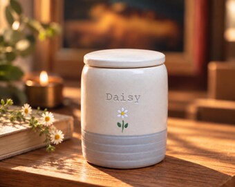 Custom Ceramic Pet Urn: Personalised Cylinder Pale Blue Urn with Forget-me-nots Rainbow Heart Design