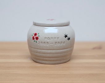 Personalised Ceramic Pet Urn with Hand-Painted Poppies: Custom Memorial Keepsake Gift Remembrance