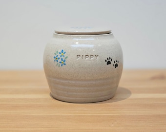 Handmade Ceramic Pet Urn: Forget Me Not Flowers & Paw Prints, Personalized