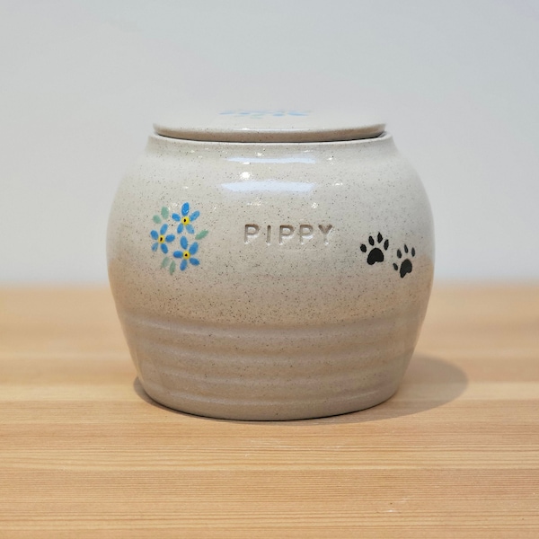 Handmade Pottery Pet Urn | Forget Me Not Flowers Paw Prints Ceramic Pet Urn | Urn for Pet Ashes | Personalized Pet Urn | Custom Urn