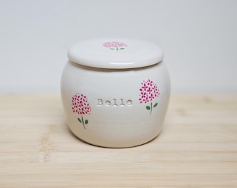 Custom Creamation Urn: Handmade Ceramic Memorial Jar with Pink Hydrengea, Personalised remembrance