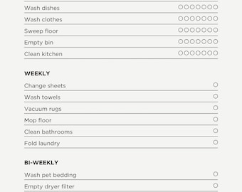 May include: A minimalist cleaning checklist with headings for Daily, Weekly, and Bi-Weekly tasks. The text "Cleaning Checklist" is at the top. Tasks include making beds, washing dishes, and cleaning the kitchen. Checkboxes are provided.
