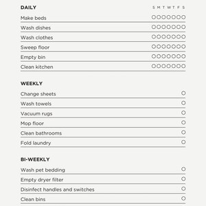 Paquete de 5 listas de verificación para el cuidado del hogar: semanal, de cocina y de baño, para repaso diario y de primavera (PDF imprimible)