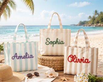 Personalized Striped Canvas Tote Bag, Beach Commute Carryall, Gift for Women