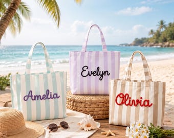 Borsa tote in tela a righe personalizzata, ideale per la spiaggia e per gli spostamenti quotidiani, un regalo perfetto per le donne.