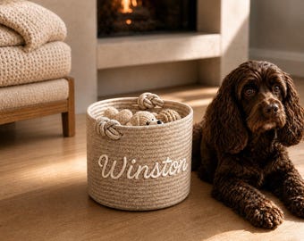 Personalized Puppy Toy Basket, Custom Pet Name Rope Storage Bin, Neutral Dog Toy Organizer, New Dog Owner Gift, Cat Toy Basket