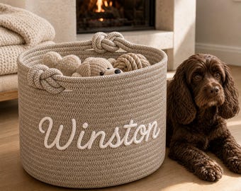 Personalized Puppy Toy Basket, Custom Pet Name Rope Storage Bin, Neutral Dog Toy Organizer, New Dog Owner Gift, Cat Toy Basket