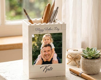 Portapenne personalizzato con foto a forma di mattoncini da costruzione, organizer da scrivania personalizzato, regalo per la festa del papà.