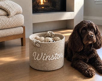 Gepersonaliseerde speelgoedmand voor puppy's, opbergmand met touw en gepersonaliseerde naam voor uw huisdier, neutrale speelgoedorganizer voor honden, cadeau voor nieuwe hondeneigenaren, speelgoedmand voor katten