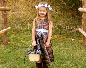 CAMO Flower Girl Dress in MOSSY OAK Satin with ribbon sash