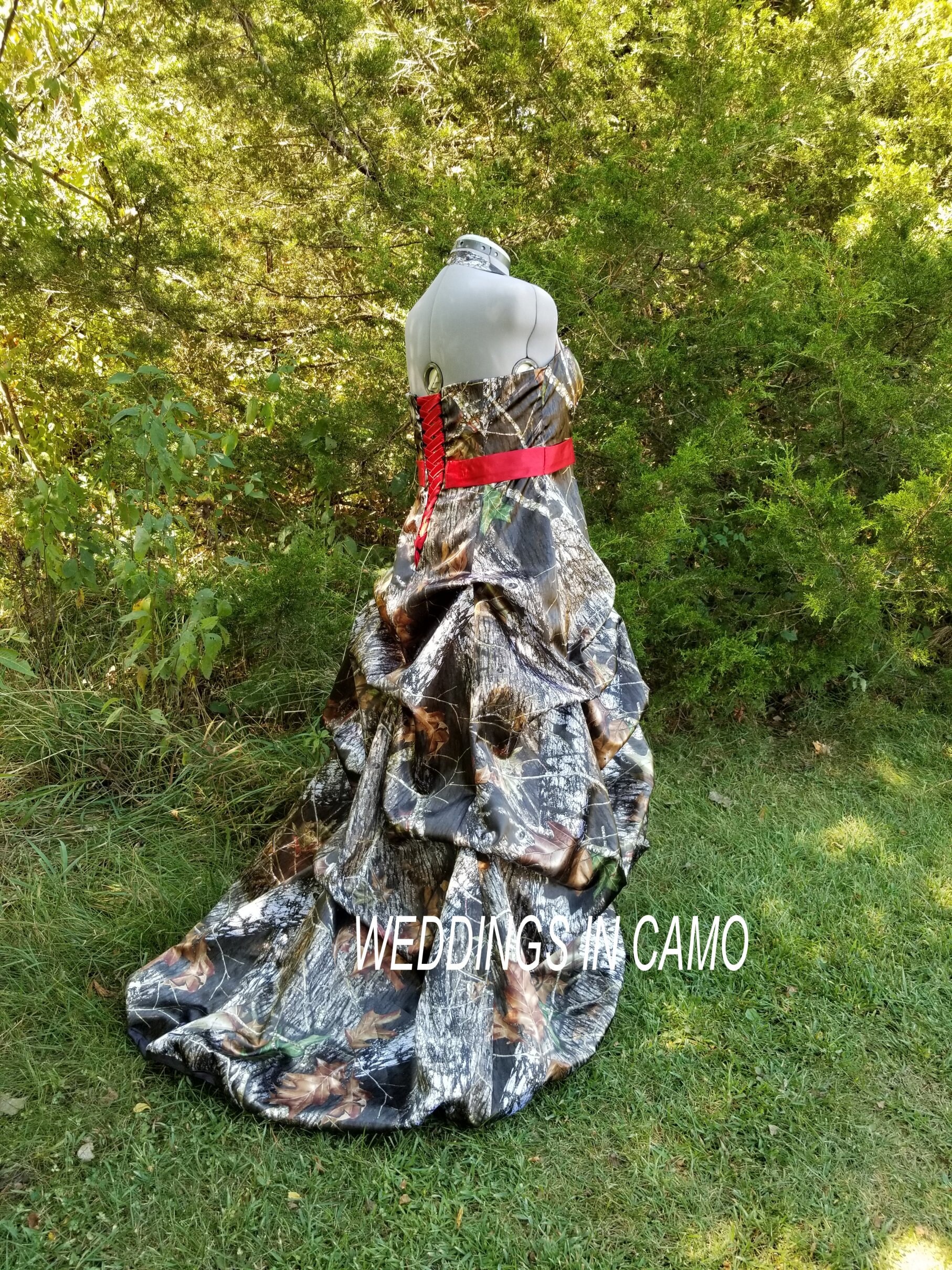 Camo Dress Red Tulle Underneath with Pickups Corset Back Wedding Dress