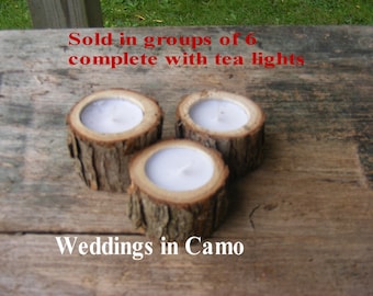 6 RUSTIC wooden candles with tea lights COUNTRY RUSTIC