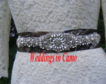 CAMO Ribbon sash with RHINESTONE beading add to your WEDDING dress Mossy Oak ribbon