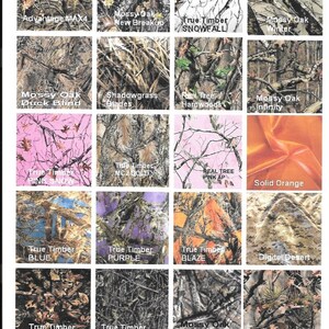 May include: A chart of different camouflage patterns, including Mossy Oak, True Timber, Real Tree, and Advantage MAX4. The patterns are arranged in a grid with the names of each pattern listed below.