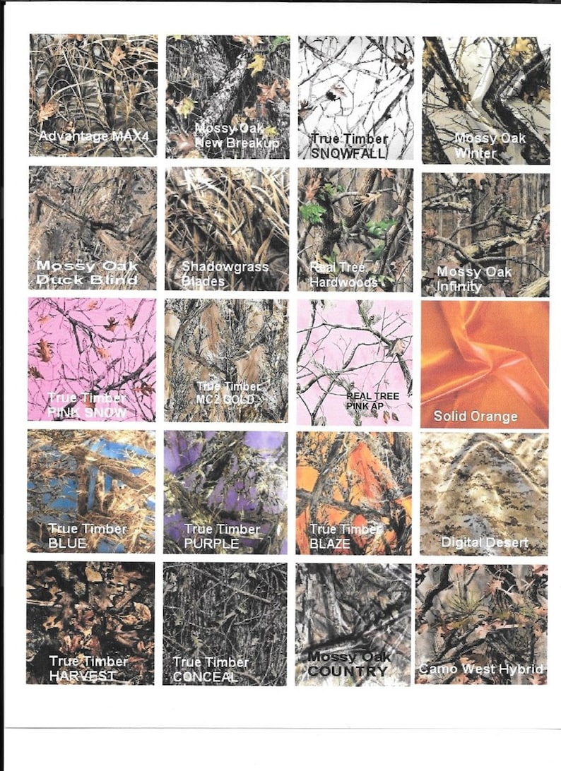 May include: A chart of different camouflage patterns, including Mossy Oak, True Timber, Real Tree, and Advantage MAX4. The patterns are arranged in a grid with the names of each pattern listed below.