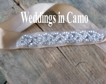 CAMO RIBBON sash with Rhinestones add to WEDDING dress