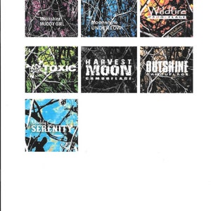 May include: A collage of nine different camouflage patterns with text overlays. The patterns include pink, blue, orange, green, and black. The text includes "Moonshine Muddy Girl", "Moonshine Undertow", "Wildfire Camouflage", "Toxic", "Harvest Moon Camouflage", "Outshine Camouflage", and "Muddy Girl Serenity".