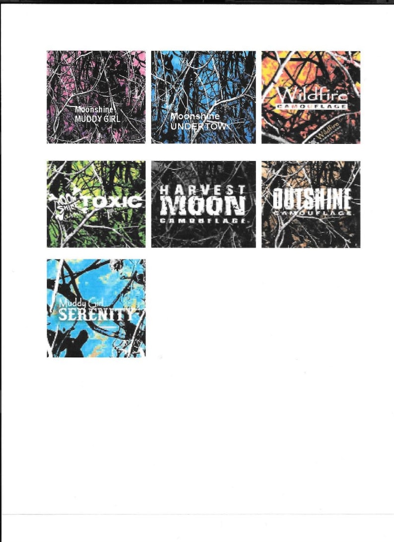 May include: A collage of nine different camouflage patterns with text overlays. The patterns include pink, blue, orange, green, and black. The text includes "Moonshine Muddy Girl", "Moonshine Undertow", "Wildfire Camouflage", "Toxic", "Harvest Moon Camouflage", "Outshine Camouflage", and "Muddy Girl Serenity".