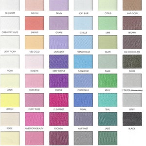 May include: A colour chart displaying 60 different shades of tulle fabric. The colours are arranged in rows and columns. The colours include white, peach, wisteria, aqua, mint, copper, silk white, melon, pansy, soft blue, citrus, ant gold, diamond white, shrimp, grape, c. blue, lime, brown, light ivory, vel gold, lavender, french blue, olive, dark chocolate, ivory, rosette, deep purple, turquoise, sage, moss, maize, paris pink, purple, periwinkle, kelly, light silver (glimmer only), lemon, dusty rose, light garnet, royal, teal, grey, beige, american beauty, fuchsia, amethyst, jade, black, butter, coral, wine, charcoal, hunter, new gold, red, eggplant, navy, emerald.