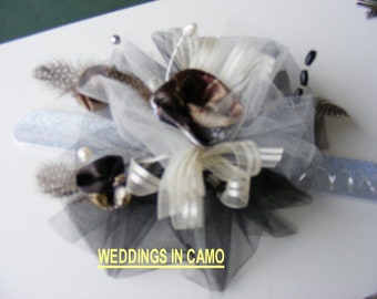 CAMO CORSAGE and BOUTONNIERES Feathered camo  flowers for Prom