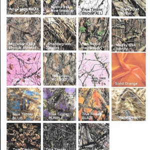 Może przedstawiać: Kolekcja pr&oacute;bek tkanin maskujących o r&oacute;żnych wzorach i kolorach. Pr&oacute;bki obejmują wzory takie jak Advantage MAX4, Mossy Oak, True Timber i Real Tree. Kolory wahają się od zieleni i brąz&oacute;w po r&oacute;ż i pomarańcz.